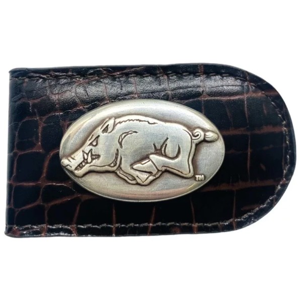 Enmon Arkansas Razorbacks Genuine Leather Money Clip-Brown-by Enmon-New in Tin