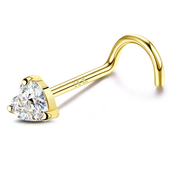 LOYALLOOK 14K Real Gold Nose Rings Studs Heart Simulated Diamond