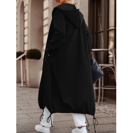 Ebifin Women's Oversized Full Zip Sweatshirts Drop Shoulder Hoodies Drawstring Long Jackets With Pockets Black