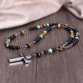 Unbranded Turquoise Tiger Eye Mala Prayer Bead Christ Hematite Cross Pendant Necklace Gift