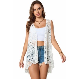 Women's Crochet Lace Vest Boho Sleeveless Kimono Irregular Hem Cardigan (White-W02)