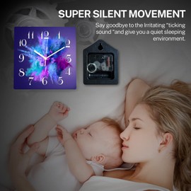 Wooden Wall Clock Silent Non-Ticking ,Purple Blue Pink Gradient Color Abstract Watercolor Wooden Square Rustic Coastal Wall Clock Decor for Home Kitchen Living Room Office, Battery Operated(12 Inch)