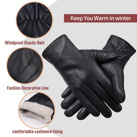 MGGMOKAY Men's Cashmere Lined Leather Gloves, black