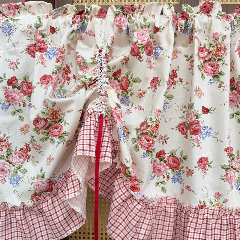 Country Rose Floral Valance Curtain Tie Up Gingham Ruffled Swag