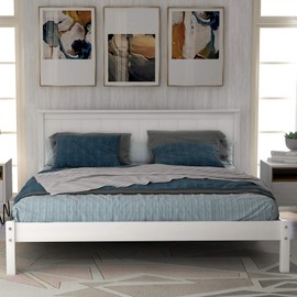 Merax Wood Full Platform Bed,Full Size BedFrame with Headboard for Bedroom, Living Room,Guest Room,No Box Spring Needed, White Bed Frame