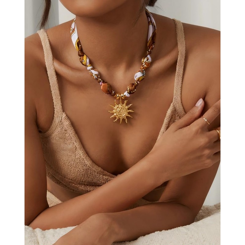 FAUTHENTICUTE Large Gold Sun Pendant Necklace For Women Boho Silk