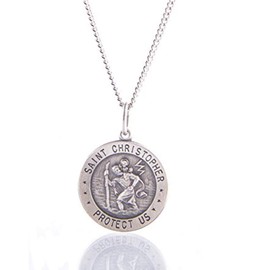 RP 925 Sterling Silver Polished Antiqued-Finish Saint Christopher Round Pendant Medal Necklace; 7/8" Size of a Nickel INCLUDES 24" Sterling Silver Chain