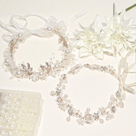 AEXHOT 2 Pcs Gold Flower Girl Headpiece Rhinestone Crystal Wedding Headband Bridal Pearl Flower Headband for Women Hair Accessory