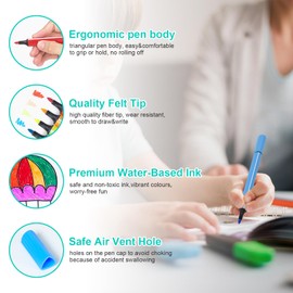 Marte Vanci Colouring Pens for Kids, 24 Colour Washable Felt Tip Pens for Children, Chunky Fibre Tip Water-Based Coloured Marker Gift Set with Storage Case for Christmas Adult Colouring Books Drawing