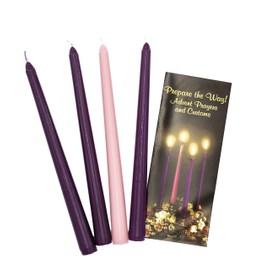 Christmas Advent Taper Candle Set of 4 - (3 Purple, 1 Pink) 10" H - 7/8" D Base -Includes Advent Prayers and Customs Pamphlet (10 inches)