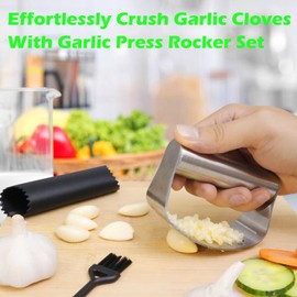 Suuker Garlic Press Rocker, Heavy Duty Stainless Steel Garlic Mincer Garlic Crusher, Garlic Chopper with Garlic Peeler and Cleaning Brush for Smash Garlic (2 Sets)