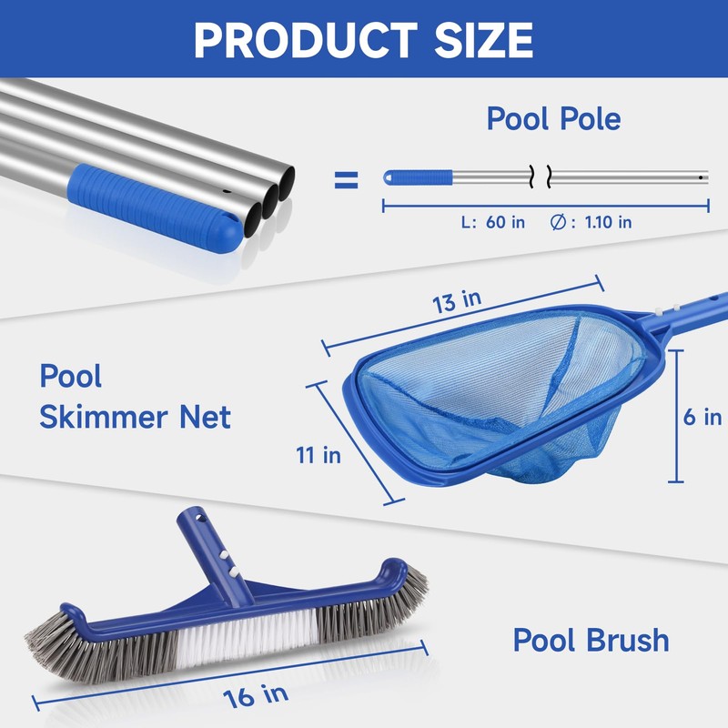 Pool Cleaning Kit, 16'' Pool Brush Head & Pool Skimmer