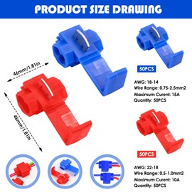 KFDDRN Cable Branch Connector, 100 pieces Branch Connector, Car Current Thief, Cable Thief Cable Branch Quick Connector, Quick Branch Clamp Connector Cable Connector(Red/blue)