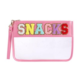 Chenille Embroidered Letter Snack Pouch, Durable Zipper Pouch for Travel, Waterproof Makeup Organizer Bag, Reusable Leakproof for Travel Gym Beach (Pink)