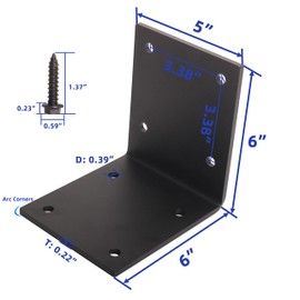 2-Pack 6" x 6" x 5" Heavy Duty Steel Corner Bracket, L Right Angle Bracket, Thickness 8/32"(5.73mm), Corner Brace for Metal Joint Timber Connector Shelves Wood Furniture Support, Max Load 300lbs
