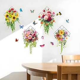 Flower Wall Stickers 4Pcs, Realistic Colorful Flower Stickers Waterproof Floral Wall Decals for Bedroom Living Room Kitchen Office Decor