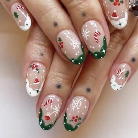 24PCS Christmas Press on Nails Almond Glue on Nails Short Candy Cane Bell Christmas Fake Nails Nude Acrylic Full Cover False Nails with Snowflake Santa's Hat Designs Reusable Stick on Nails for Women