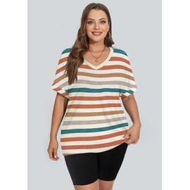 WIHOLL Summer Tops for Women 2025 Spring Fashion Short Sleeve Easter Shirts Beach Vacation Clothes Orange Stripes L