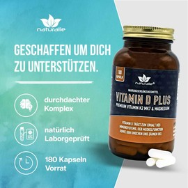 naturalie® Vitamin D Plus Vegan Vitamin D3 + Premium Vitamin K2 MK7 (K2VITAL®) and Magnesium Without Unnecessary Additives 180 Capsules in BPA-Free Brown Glass Laboratory Tested