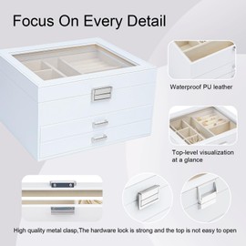 V-LAFUYLIFE Jewelry Box For Women, 3 Layer Jewelry Organizer with Glass Lid, 2 Drawers, Jewelry Boxes Storage of Rings Earrings Necklace Bracelets Gift for Loved Ones(White)