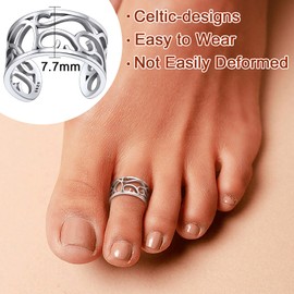 S925 Silver Women's Toe Rings 8 mm Wide Thin Band Ring with Celtic Knot Pattern Fruen/Girls Open Finger Rings Vintage Toe Rings, Sterling Silver, Cubic Zirconia