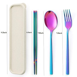 Sunwinc 3 Pcs Camping Silverware,Stainless Steel Travel Outdoor Flatware Set Chopsticks Spoon Fork/Portable Travel Work Utensils Cutlery Set with a Wheat Straw Case (Rainbow-1 Set)