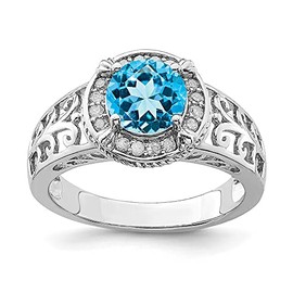 925 Sterling Silver Rhodium Blue Topaz and Diamond Ring Size 7