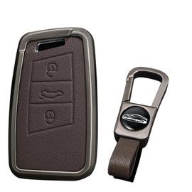 KUNIO Keyless Key Case Suitable for VW Magotan Passat B8 CC Tiguan MK2 for Jetta, Fits Skoda Superb A7 Kodiaq for Seat Ateca Key Protection Key Fob 3 Buttons, B Brown