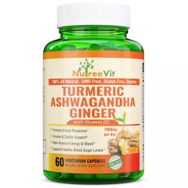 NutreeVit 100% Organic  - Turmeric + Ashwagandha + Ginger + Vitamin D3 - 200 Capsule