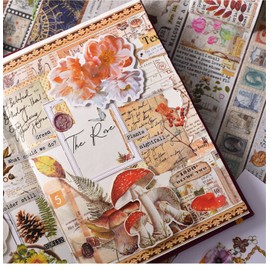 LGEGE 18 Rolls Vintage Washi Tape Set, 75/50/30/25/20/15/10/5mm Wide, Floral Butterfly, Mushroom, Flower Leaves, Jungle Gift, Old Letters, Retro Masking Tape, Decor for Scrapbook (2m)