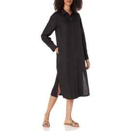 The Drop Women's Fiona Relaxed Linen Midi Shirt Dress, Black, L