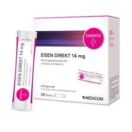 Medicom Medicom - Eisen Direkt 14 mg mit Vitamin C, Nahrungserg?nzung, Direktgranulat-Sticks fr Energie und Immunsystem, Verminderung von Mdigkeit, Vegan - 20 Sticks