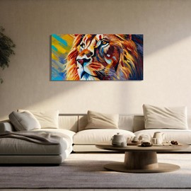 Lion Canvas Wall Art for Living Room, Animal Wall-Decor for Bedroom, Colorful Print Picture for Home, Size 48x24 Inches