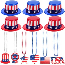 Yearntown 12 Pcs 4th of July Accessories Bulk 6 Patriotic Plastic Top Hat 6 Red White and Blue Necklaces USA Patriotic Party Supply for Independence Day Memorial Day Parades Gift Favor