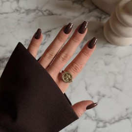 KQueenest Braun Press On Nails Almond Short Ballerina, Jelly Gel Coffin Nails for Sticking Short, Shiny Fake Nails Fingernails for Sticking, Simple Acrylic Nails for Women Manicure, Pack of 24