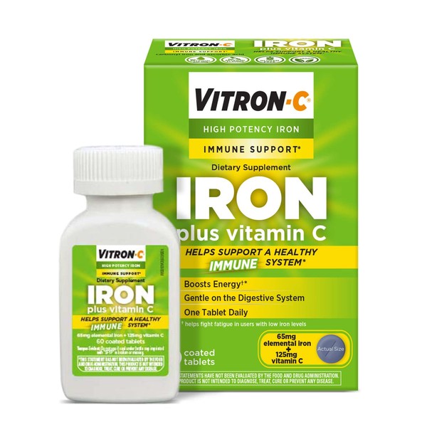 Vitron-C Iron Supplement & Immune Support, Once Daily, High Potency Iron with Vitamin C, Dye Free Tablets, 60 Count