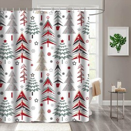 AIBIIN 180x180cm Merry Christmas Shower Curtain Pad Christmas Tree Star Snowflake Print Pattern Bathtub New Year Winter Bathroom Home Decoration Durable Polyester Material With 12 Hooks