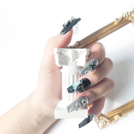 Nailyjoy Handcraft Reusable Press on Nails Devil's Cave, Easter Weird Stunning Exquisite Silver fissure Medium Coffin Fake Nails with Evil Rabbit Snake and Pendant in 10pcs Customized Size (Medium)