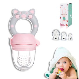 Chupón Para Fruta Y Papilla con Seguro Y Tapa Dibujos Animados, Libre de BPA (ROSA/GRIS)