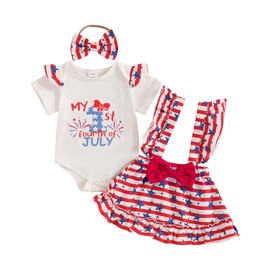 Bonangber My First 4th of July Baby Girl Outfit Short Sleeve Romper Stars Print Suspender Skirts Set Cute Infant 4th of July Outfit(F-White,12-18 Months)