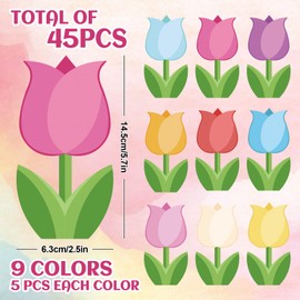 FYSUIMU 45 Pcs Spring Tulip Cutouts Colorful Flower Leaves Shape Cut-Outs Floral Cardboard Paper Cutting with 100 Pcs Glue Points for DIY Crafts Classroom Bulletin Board Decoration