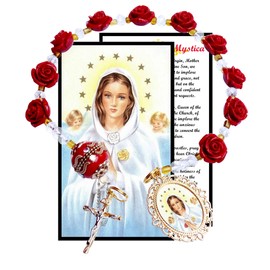 Gifts by Lulee, LLC Mystic Rose Rosa Mistica Chaplet Red Blossom Crystal Gems and Round Faceted Crystal Beads Blessed Silver Overlay Medal English or Spanish (English)