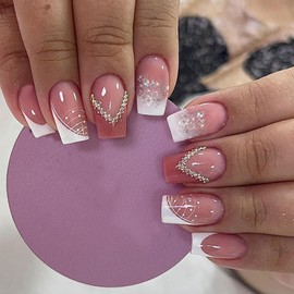 24Pcs Glossy White Press on Nails Square Short Full Cover Artificial French Tips Fake Nails with Line Rhinestone Designs Acrylic Coffin False Nails with Glue Stick on Nails for Women Girls