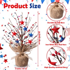Giegxin 4th of July Artificial Tree Tabletop Decoration Patriotic Tree Red Blue White Artificial Berry Stem Picks for Independence Day Pentagram Berry Branches Centerpieces Decor for Home(Classic)