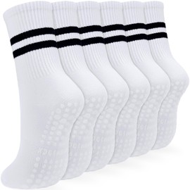 KOOOGEAR 3 Pairs Non-Slip Yoga Socks Pilates Socks for Women,Anti Slipper Stripes Long Crew Grip Socks (UK, Numeric, 4, 7, Regular, Regular, 3 Pairs White)