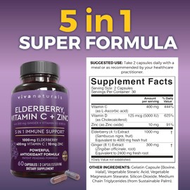 Viva Naturals Black Elderberry 1000mg with Vitamin C, D3 5000 IU & Zinc - 5-in-1 Immune Support Supplement for Adults, Sambucus Elderberry Capsules with Ginger for Men and Women, (60 Capsules)