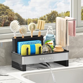 Nacial Sponge Holder for Kitchen Sink, Sink Caddy Organizer with High Brush Holder, Two Towel Racks & Soap Dispenser- Rustproof 304 Stainless Steel Kitchen Countertop Storage Essentials - Black