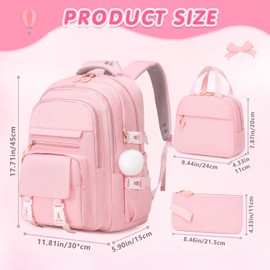 GeeWin Pink Backpack for Girls, School Bags for Girls, Bookbag for Kids Teens Children Elementary Middle School Student, 3PCS Waterproof Kids Backpack Daypack with Insulated Lunch Bag & Pencil Bag