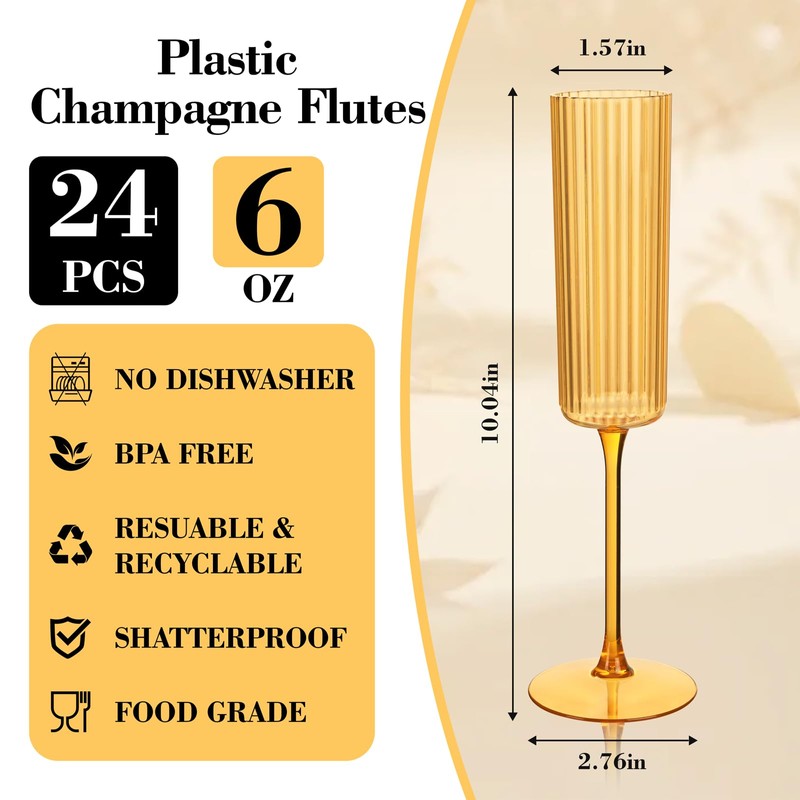 24 Pack Amber Plastic Champagne Flutes for Weddings Birthdays
