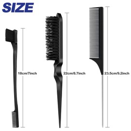 Qufiiry Sleek Bun Brush Set, Double Edge Brush, Teasing Hair Brush Set and Rat Tail Comb, Toupee Brush Set, Bristles, Haircut, Hair Comb for Hairdresser, Women, Children, Pack of 3